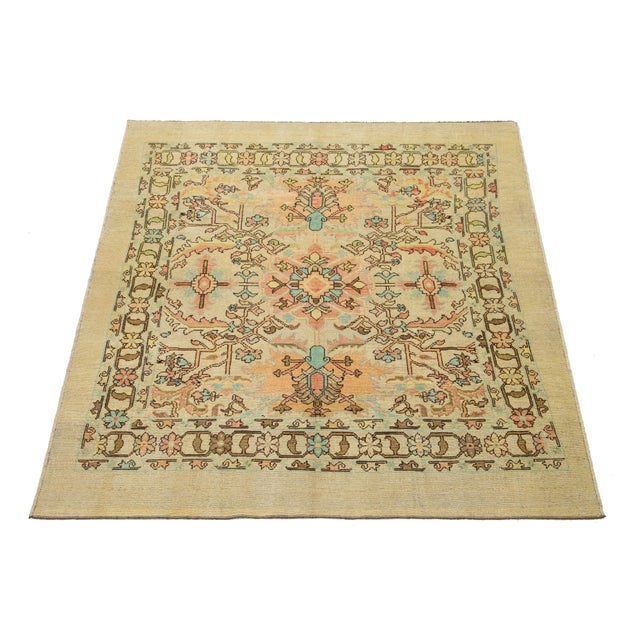 Contemporary Contemporary Revival Wool Rug Handmade in Tan With Allover Floral Pattern For Sale - Image 3 of 11