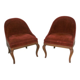 Vintage Barrel Back Wood & Upholstered Red Corduroy Ladies Slipper Chair - a Pair For Sale