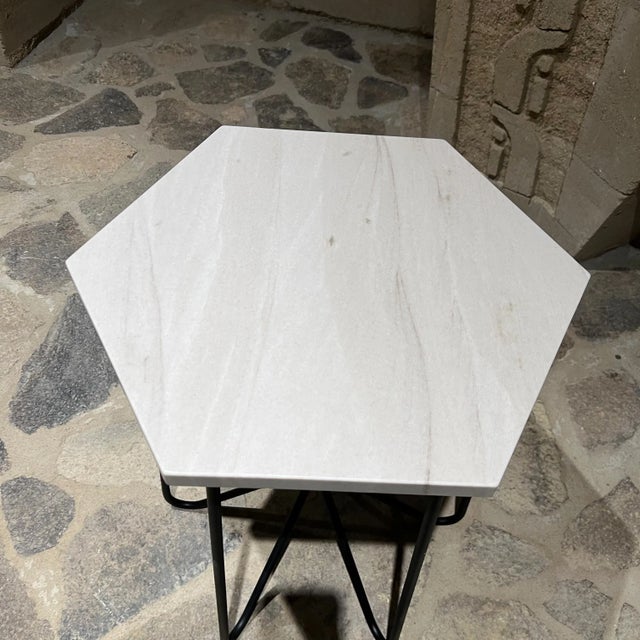 Jean Royère 1960s French Side Accent Table Hexagonal Stone Iron For Sale - Image 4 of 12