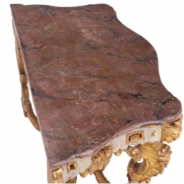 Gold Early 19th Century Large Scale Roccoco Painted Venetian Italian Console Table With Faux Marble Top. For Sale - Image 8 of 11