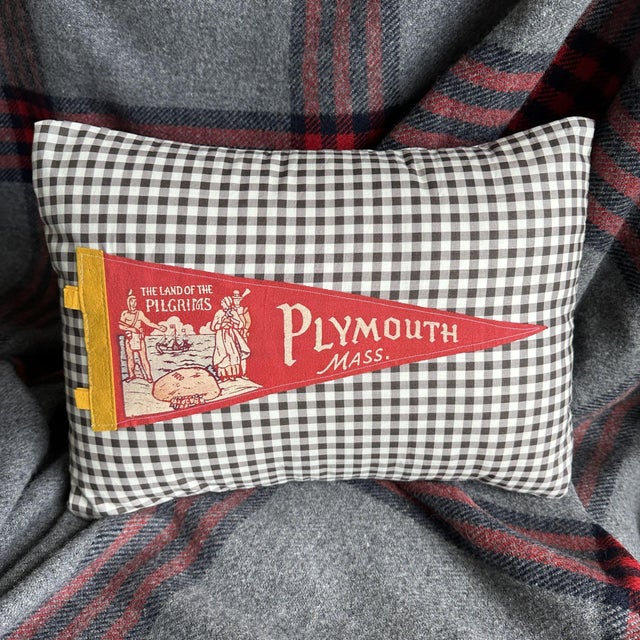 American Massachusetts Plymouth Vintage Pennant on New Woven Throw Pillow For Sale - Image 3 of 4