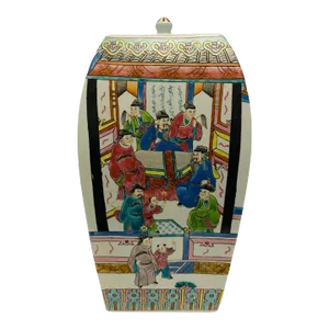 Early 20th Century Antique Asian Chinoiserie Hand Painted Porcelain Ginger Jar With Lid