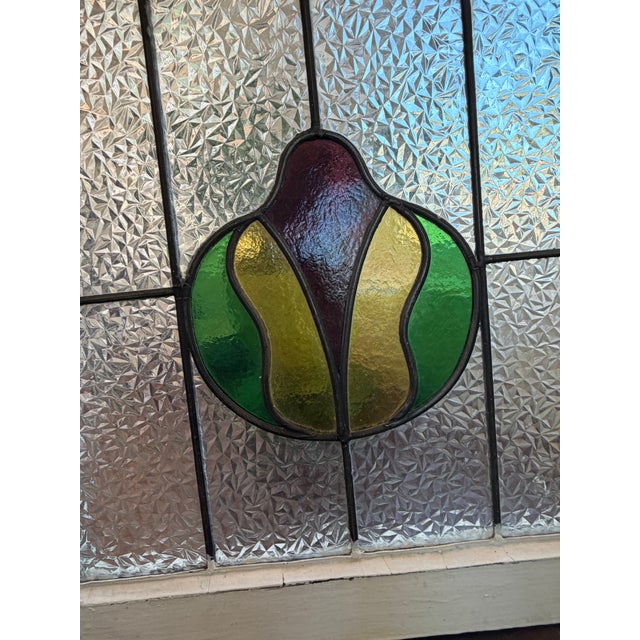 Traditional Antique English Leaded Stained Glass Window-Edwardian Art Nouveau Tulip For Sale - Image 3 of 11