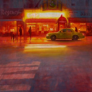 Carnegie Deli by Mark Harrison | Oil on Board City street scene with a yellow taxi and restaurant lights. For Sale