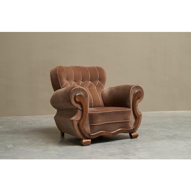 Monumental Art Deco Lounge Chair in Velvet and Oak, Europe, 1930s. This is a very distinct and large scale art deco lounge...