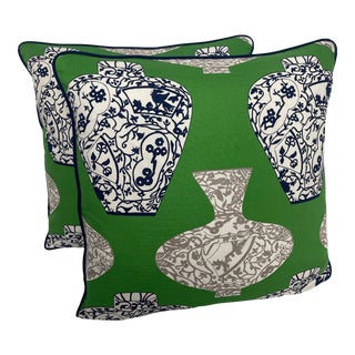 Thibaut Imari Vase in Emerald Green Pillows - a Pair For Sale