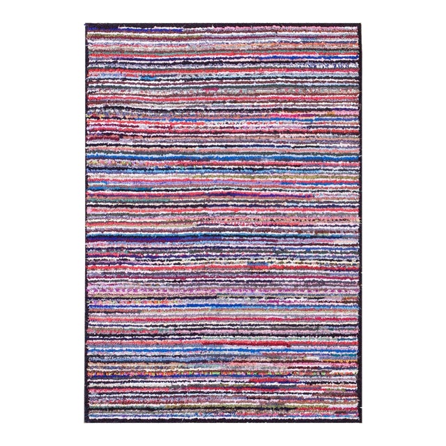 1920s Multicolorful Stripe Folk Art Antique American Hooked Rug 2'4" X 3'7" Knotted Wool Carpet For Sale