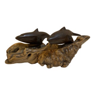 Carved Wood Dolphins Burl Wood. For Sale