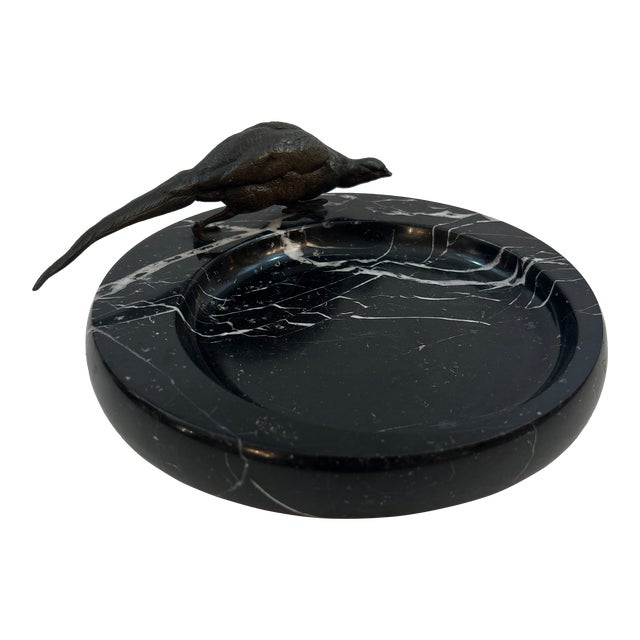 Black and White Marble With Bronze Peacock Catchall For Sale