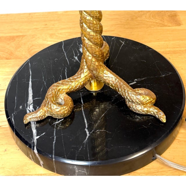 Late 20th Century Pair Italian Neoclassical Gilt Metal Three-Serpent Table Lamps, Marble Bases For Sale - Image 10 of 13