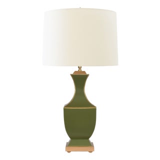 Matthew Izzo Home Gina Handpainted Metal Tole Table Lamp in Olive With Cream Silk Shade For Sale