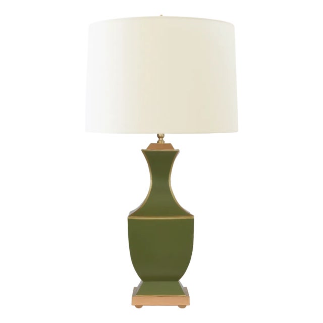 Matthew Izzo Home Gina Handpainted Metal Tole Table Lamp in Olive With Cream Silk Shade For Sale