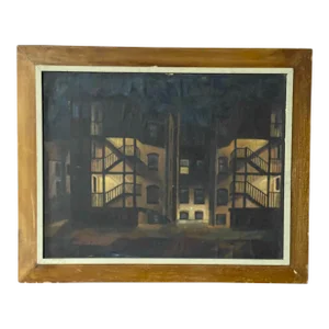 1950s Tenement Row House Social Realist Painting by Leonard Buzz Wallace