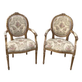 Louis XVI Style Giltwood Armchairs Pair Gilded French Neoclassical Fauteuils For Sale