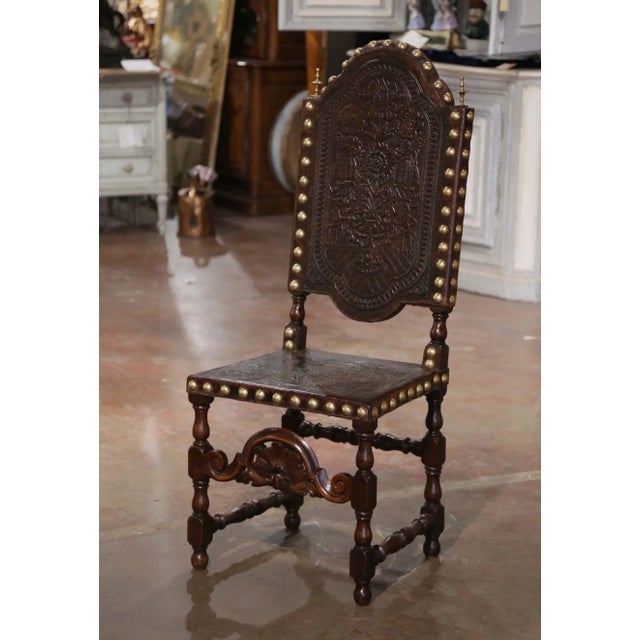 Late 18th Century 18th Century Portuguese Renaissance Carved Walnut Chair With Embossed Leather For Sale - Image 5 of 7