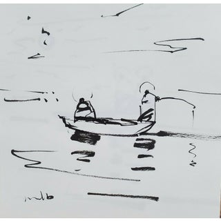 Contemporary Minimalist Ink Drawing of Fishermen in a Boat by Jose Trujillo For Sale