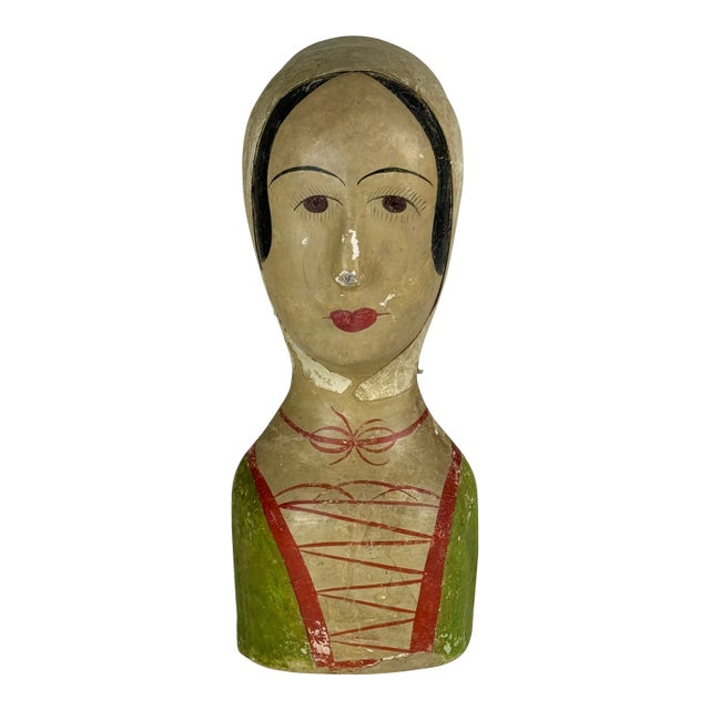 Mid 19th Century French Marotte/Milliner Mannequin Bust in White Hood & Green Dress For Sale