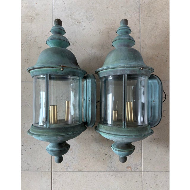 French Patinated Verdigris Copper Wall Sconce Lanterns - a Pair For Sale - Image 3 of 13