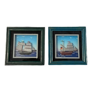 Vintage Framed Petite Boat Dioramas - a Pair For Sale