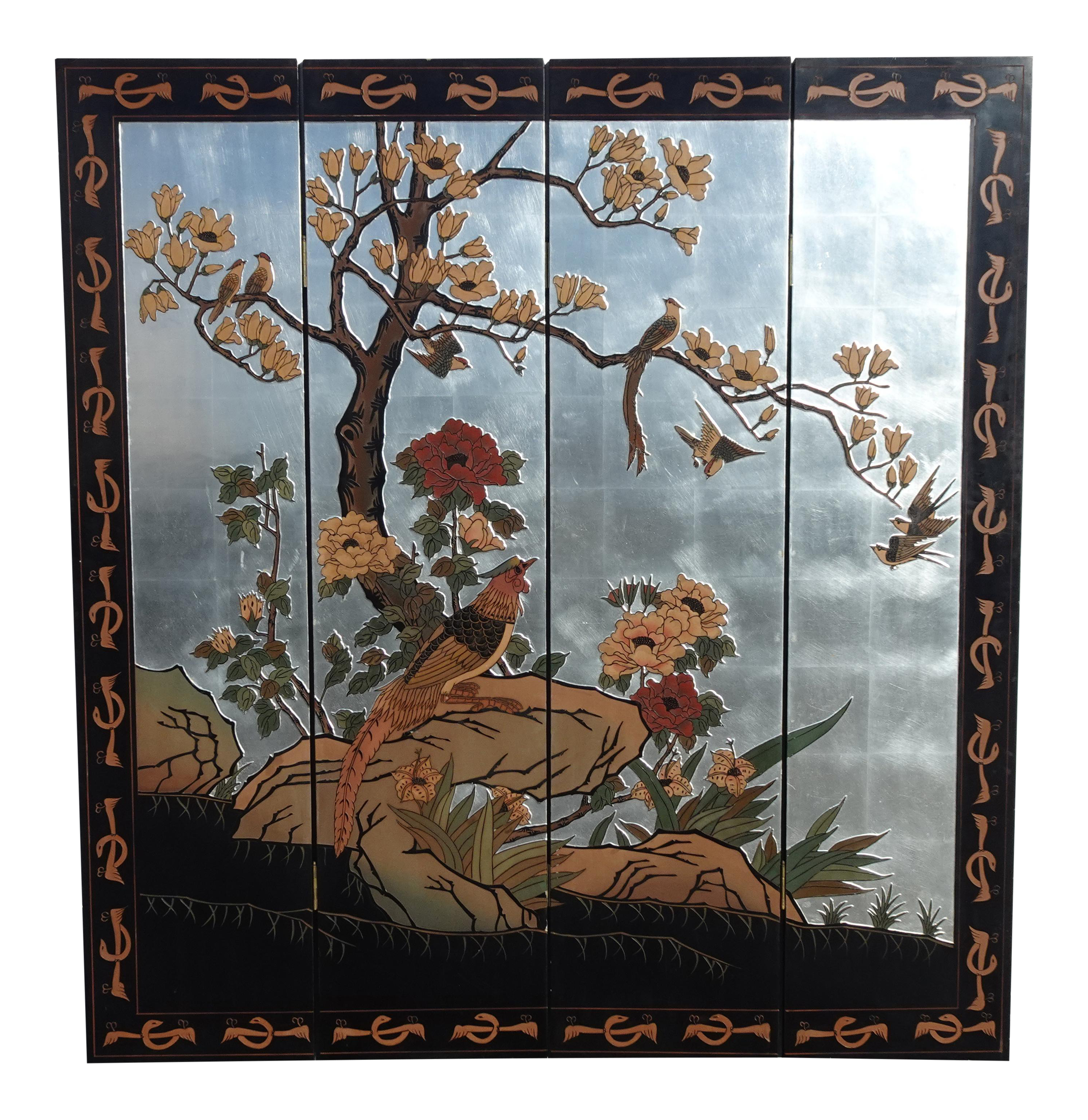 Vintage Chinese Asian Silver Leaf Four Panel Coromandel Screen Flora Crane Bird - image 0