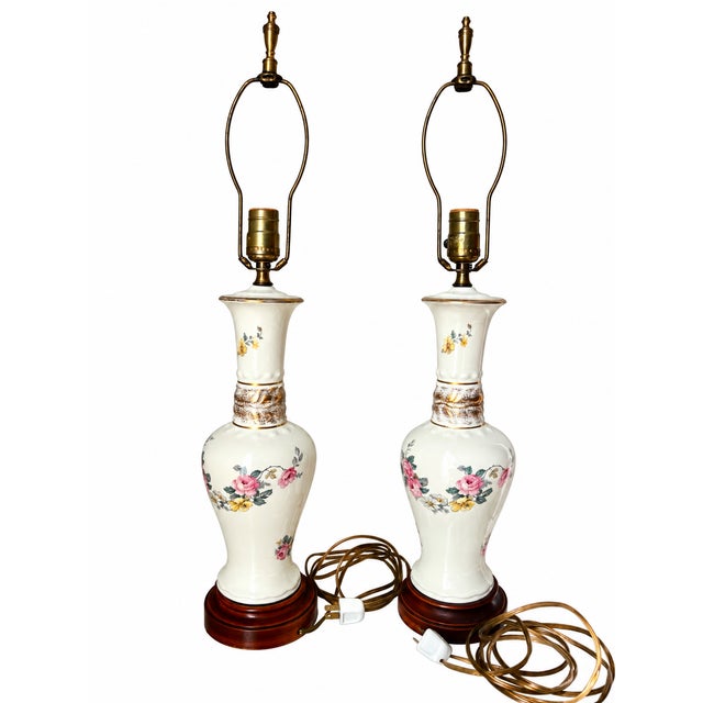 Vintage Ivory Floral Ceramic Table Lamps With Gold Accents — A Pair For Sale - Image 4 of 8