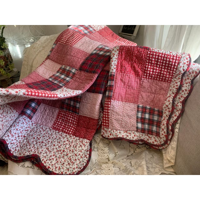 Vintage 1994 Rustic Floral & Gingham Patchwork Twin Size Quilt & Sham For Sale - Image 11 of 12