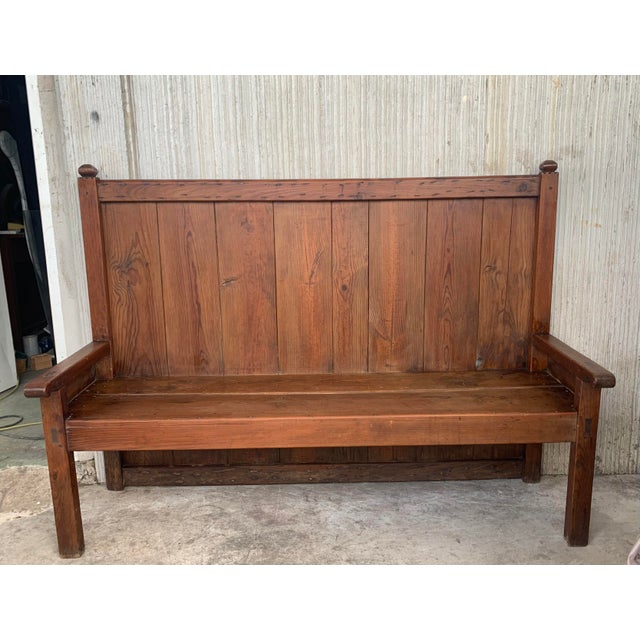 Early 20th Century Spanish Painted Bench With Dove-Tail and Tall Back For Sale - Image 4 of 10