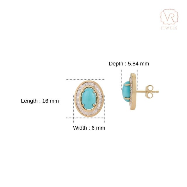 Vintage-Style 2.42ct Turquoise Cabochon Diamond Stud Earrings in 14k Yellow Gold- A Pair For Sale - Image 11 of 15