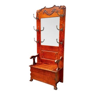 Late 19th Century Antique Victorian Tiger Oak Hall Tree With Ribbon Carved Crest & Beveled Mirror For Sale
