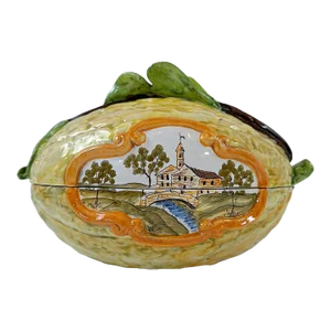 1970's Italian Majolica "Pastoral Vignette" Harvest Gourd Tureen