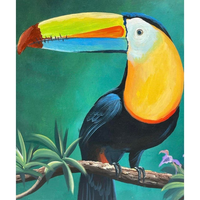 Colorful original painting depicting a toucan perched among tropical foliage and flowers. The bird is rendered in vivid...