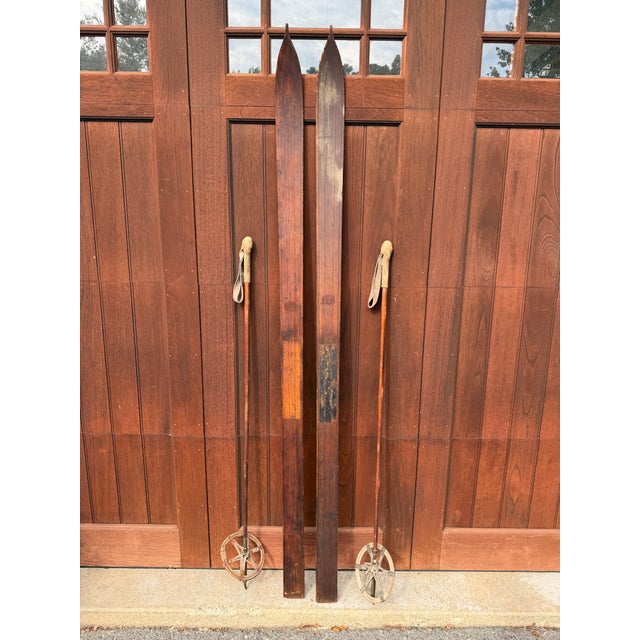 Antique Wooden Skis With Original Bamboo Ski Poles – Early 20th Century Nordic Ski Set – Rustic Ski Lodge & Cabin Wall Decor For Sale - Image 18 of 18