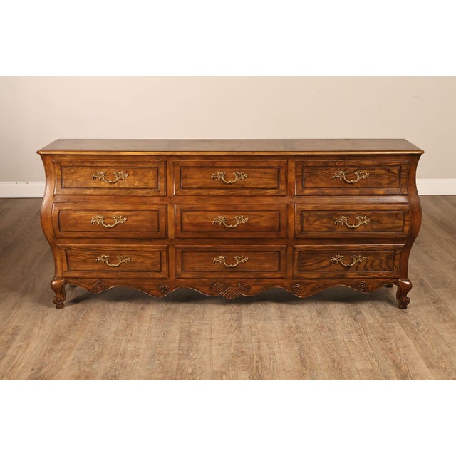 Baker Furniture Company Burl Wood Long Bombe Dresser For Sale - Image 13 of 18