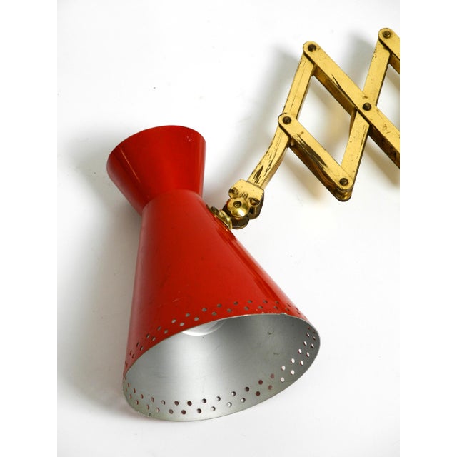 Mid-Century Brass Extendable Scissor Wall Lamp with Aluminum Diabolo Shade in Red and Brass, 1950s For Sale - Image 11 of 18