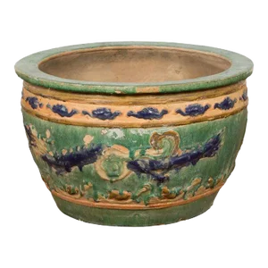 19th Century Antique Annamese Planter with Green Glaze Décor & Patina