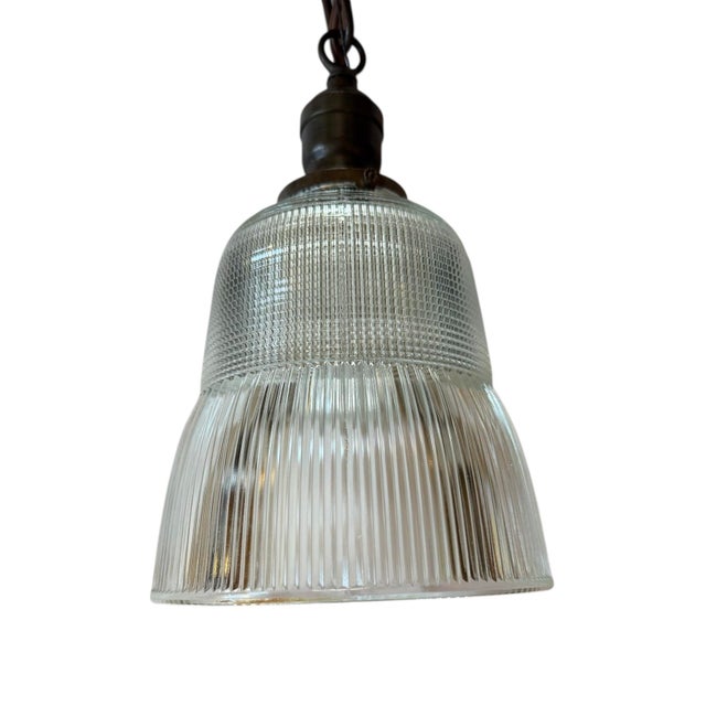 Mid-Century Modern Antique Industrial Halophane Pendant Light Fixture For Sale - Image 3 of 4
