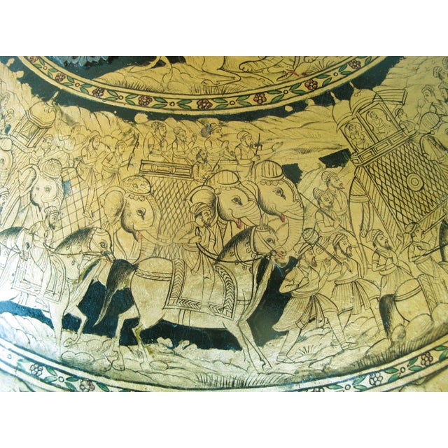 Early 20th Century Indian Ceremonial Rajput Dhal Shield Intricate Gold Painted Hunting Scenes For Sale - Image 5 of 18