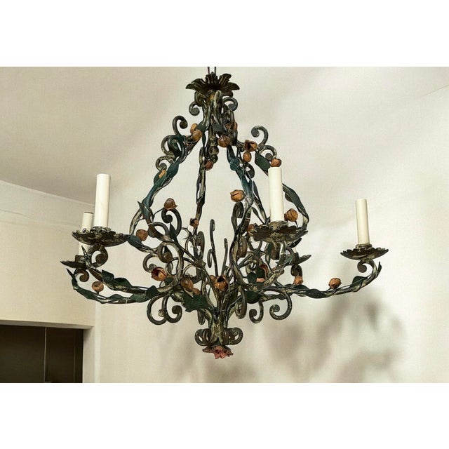 Dark Green Early French Victorian Iron Tole Six Arm Chandelier - Garden Roses & Leaves For Sale - Image 8 of 9