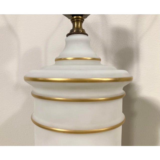 Traditional Mid 20th Century Columnar Frosted Glass and Brass Table Lamps - A Pair For Sale - Image 3 of 9
