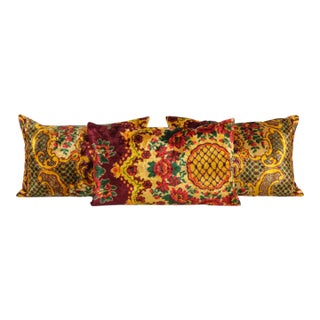 Bohemian Yellow Red Velvet Pillow Cover - Set of Three For Sale
