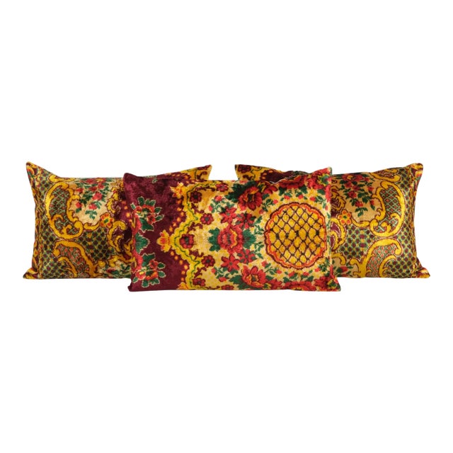 Bohemian Yellow Red Velvet Pillow Cover - Set of Three For Sale