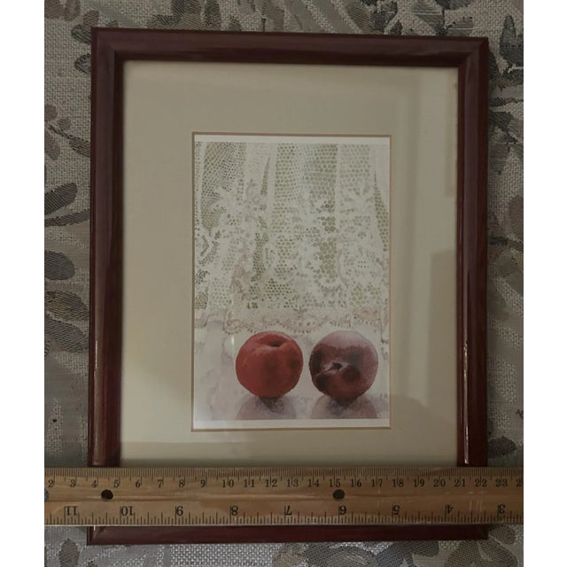 Original Framed Watercolor Artist Janet Skea Signed Two Apples Lace Burgundy Lacquer Frame For Sale - Image 4 of 5