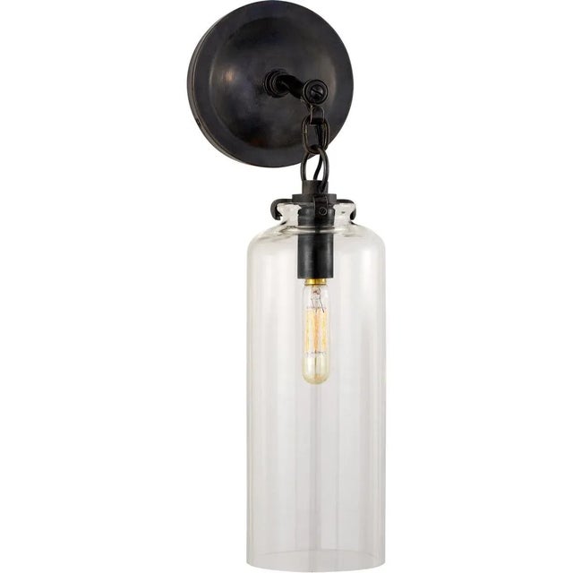 Transitional Thomas O'Brien for Visual Comfort Signature Katie Small Cylinder Sconce in Bronze with Clear Glass For Sale - Image 3 of 4