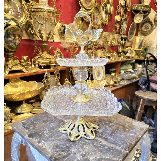French Ornate Brass & Crystal Pedestal Tray for Elegant Table Styling For Sale - Image 3 of 3