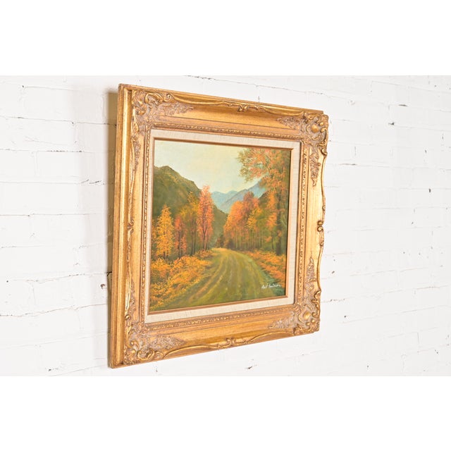 Original Artist Signed Scenic Fall Drive Oil Painting in Carved Giltwood Frame For Sale - Image 4 of 12