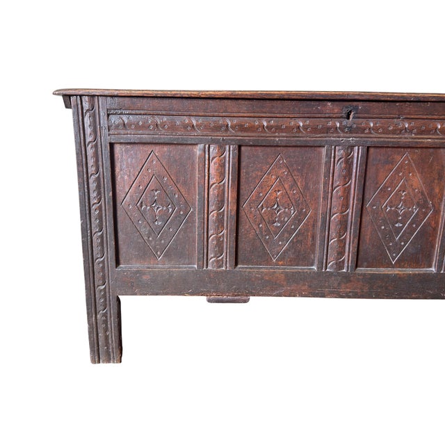 Rustic English Carved Oak Four-Panel Chest, 1680 For Sale - Image 3 of 8