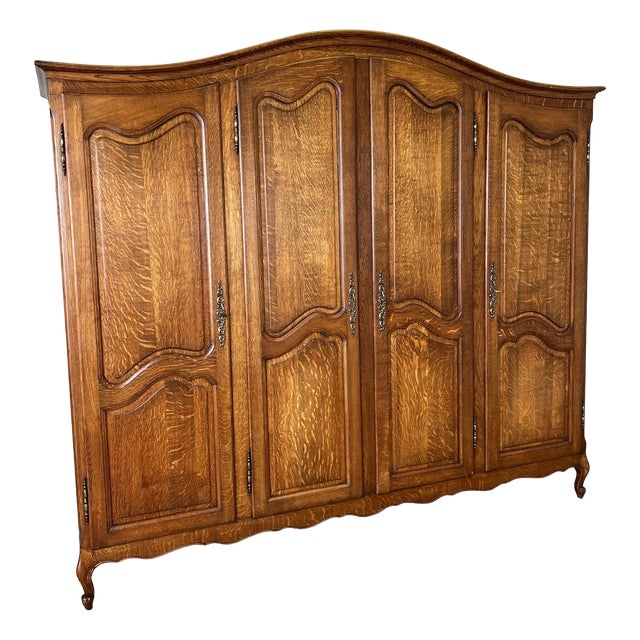 Vintage French Louis XVI Style Carved Oak 4-Door Armoire For Sale