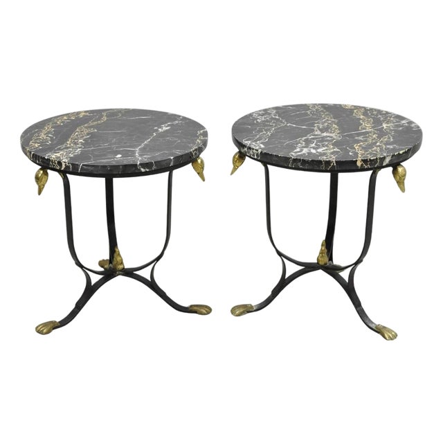 Mid 20th Century Italian Regency Round Marble Top Wrought Iron Brass Swan Low Drink Table - Pair For Sale