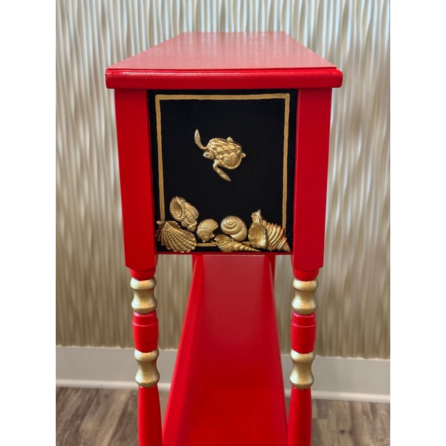 Solid Wood Console Table, Narrow Hallway Furniture, Red and Gold Palm Beach Tropical Decor For Sale - Image 10 of 11