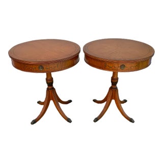 Pair of Vintage English Satinwood Adam Style Drum Tables For Sale